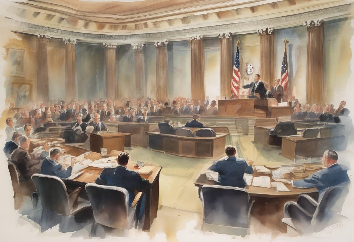 Watercolor painting based depiction of The United States Senate voted to censure Senator Joseph McCarthy for his conduct during the anti-communist hearings. (1954)