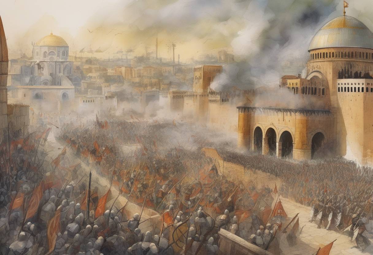 Watercolor painting based depiction of The Siege of Constantinople by the Umayyad Caliphate was lifted. This was part of the larger Arab-Byzantine Wars, where the Byzantine Empire successfully defended its capital against the Umayyad forces. (678)