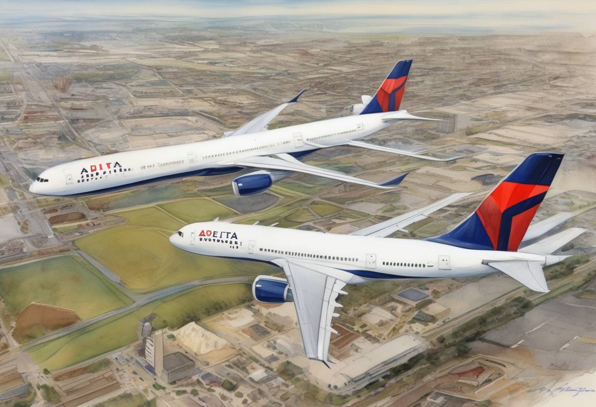 Watercolor painting based depiction of Delta Air Lines completed its merger with Northwest Airlines, creating the world's largest airline at the time. This merger was part of a trend of consolidation in the airline industry, aimed at reducing costs and increasing efficiency. (2008)