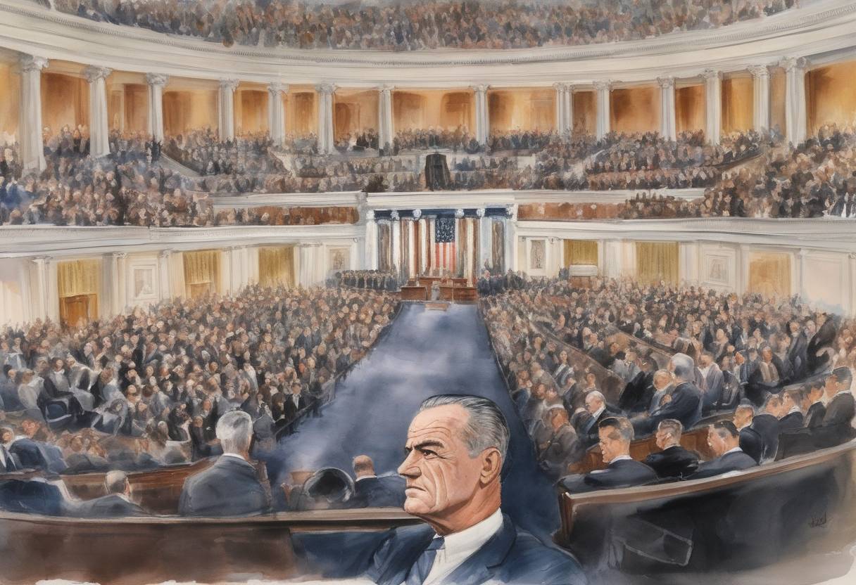 Watercolor painting based depiction of President Lyndon B. Johnson addressed a joint session of Congress to introduce voting rights legislation, following the Selma to Montgomery marches. (1965)