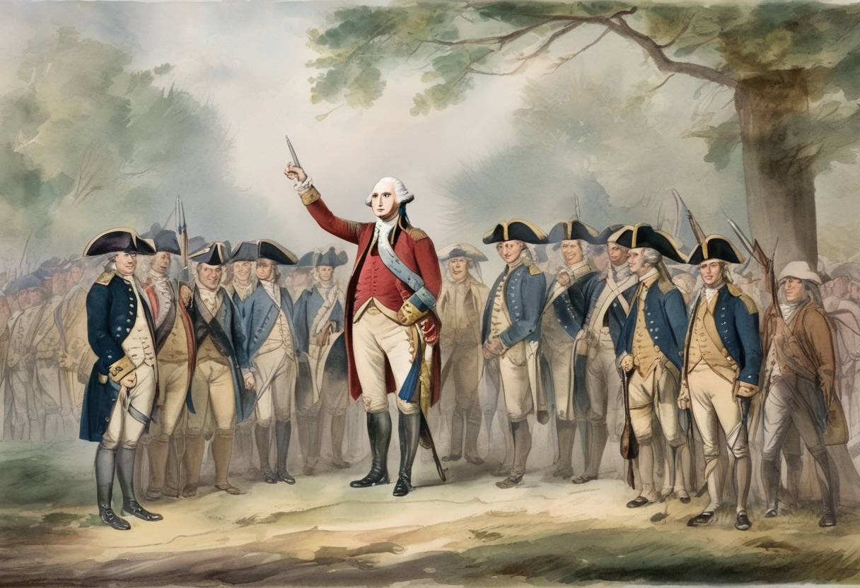 Watercolor painting based depiction of George Washington took command of the Continental Army during the American Revolutionary War. (1775)