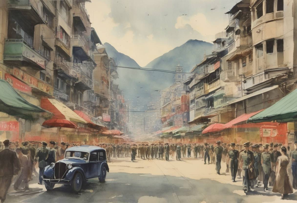 Watercolor painting based depiction of Hong Kong is liberated from Japanese occupation by British forces. (1945)