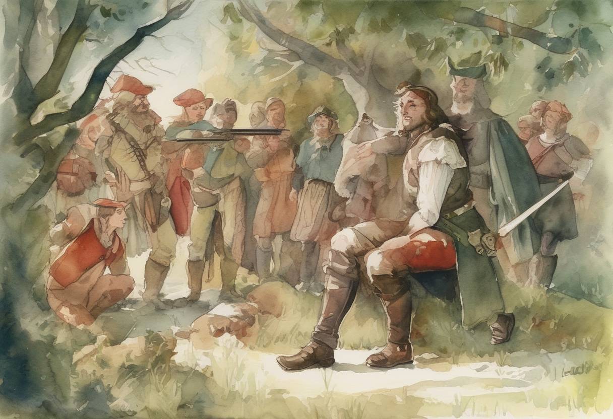 Watercolor painting based depiction of William Tell, a legendary Swiss folk hero, is said to have shot an apple off his son's head, an event that symbolizes the struggle for Swiss independence. (1307)