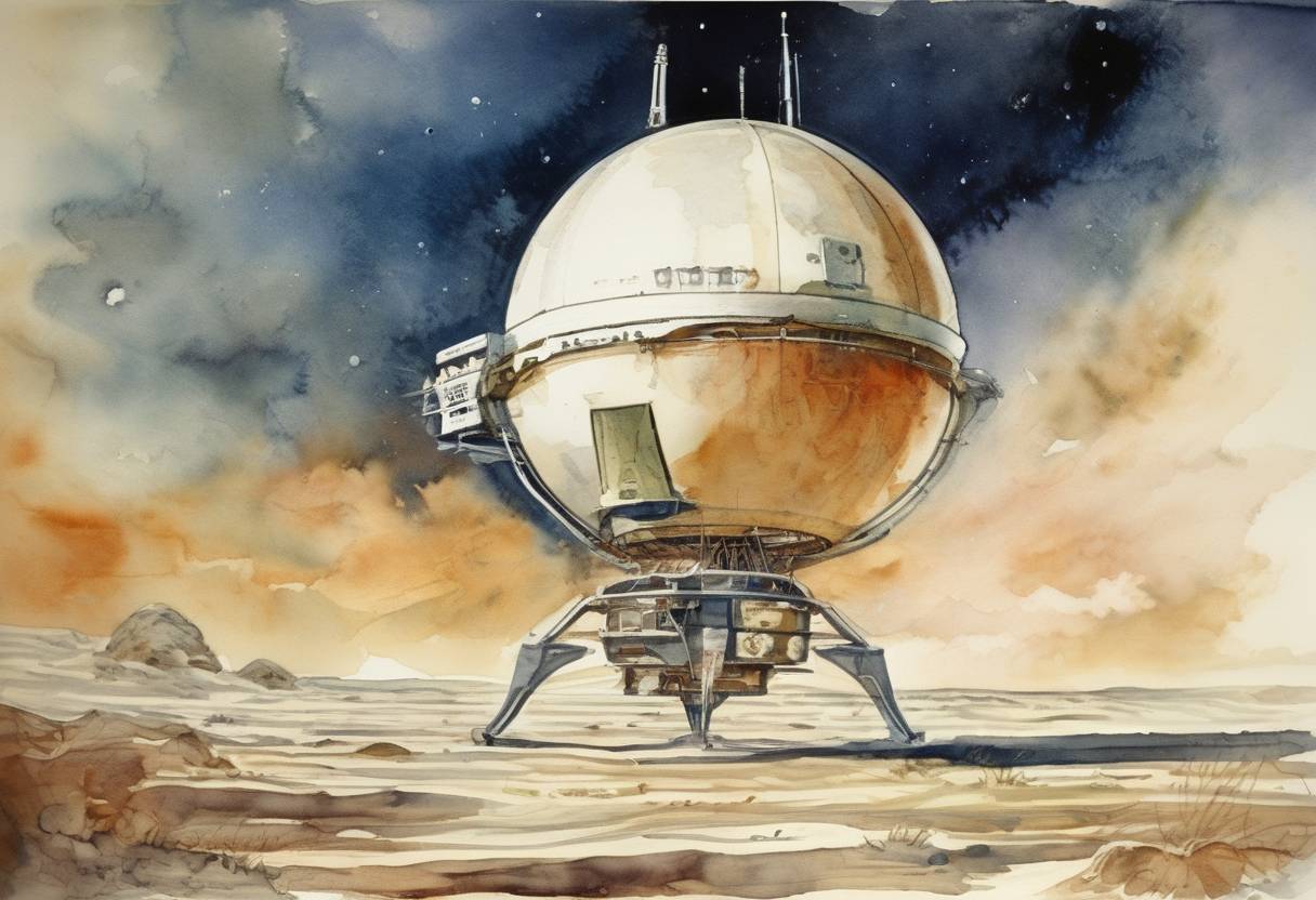 Watercolor painting based depiction of The Soviet probe Venera 4 became the first spacecraft to enter the atmosphere of another planet, Venus, and return data back to Earth. (1967)