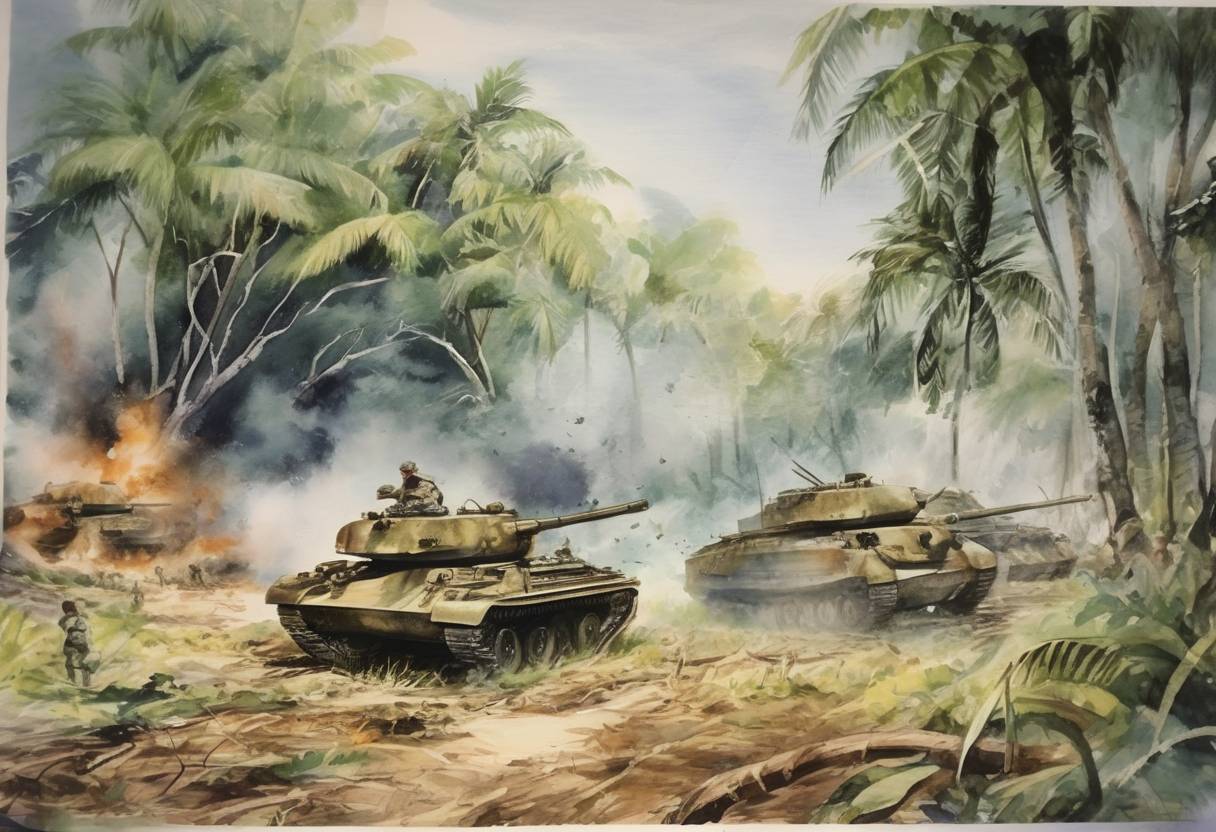 Watercolor painting based depiction of The Battle of Saipan began during World War II, as American forces landed on the island, marking a significant step in the Pacific campaign. (1944)