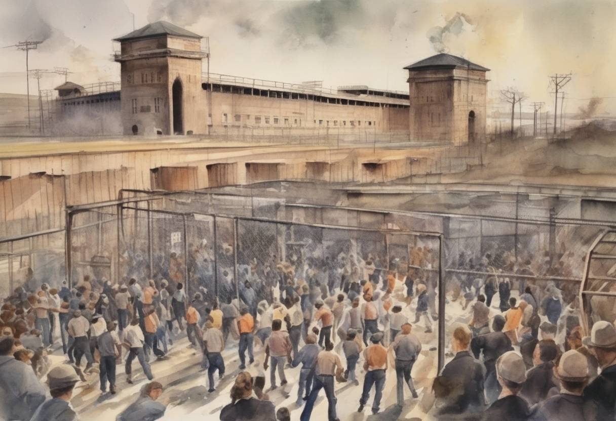 Watercolor painting based depiction of The Attica Prison riot began at the Attica Correctional Facility in New York, leading to a four-day standoff. (1971)