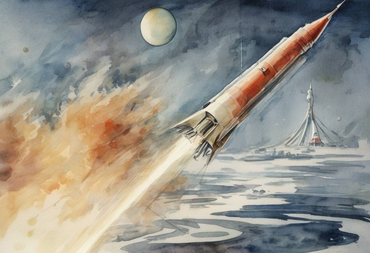 Watercolor painting based depiction of The Soviet Union launches Sputnik 2, with the first animal to orbit the Earth, a dog named Laika, aboard. (1957)
