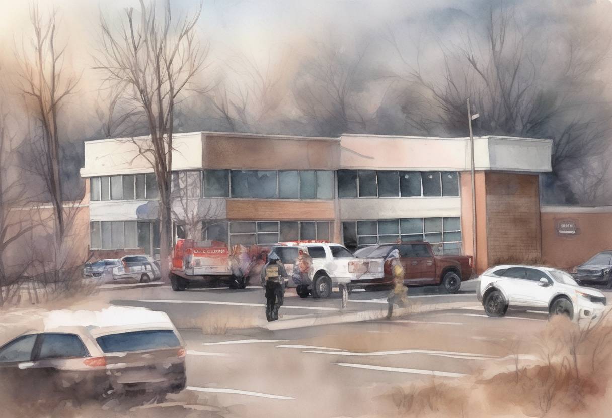 Watercolor painting based depiction of A mass shooting occurs at a Planned Parenthood clinic in Colorado Springs, Colorado, resulting in three deaths and nine injuries. The shooter is apprehended and charged with multiple counts of murder. (2015)