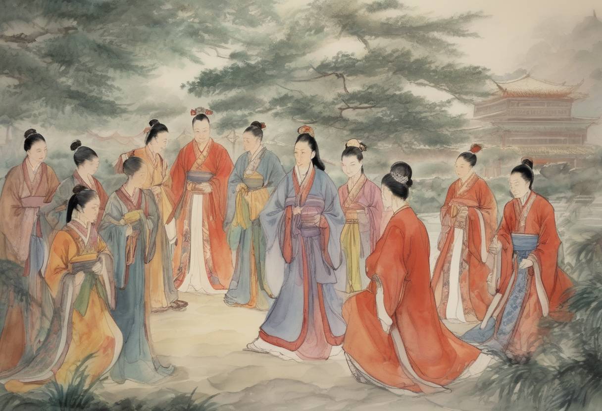 Watercolor painting based depiction of Du Fu, a prominent Chinese poet of the Tang dynasty, writes a poem titled 'A Song of Fair Women' during his time in Chengdu. Du Fu is often considered one of the greatest Chinese poets, and his works provide valuable insights into the social and political landscape of the Tang dynasty. (757)