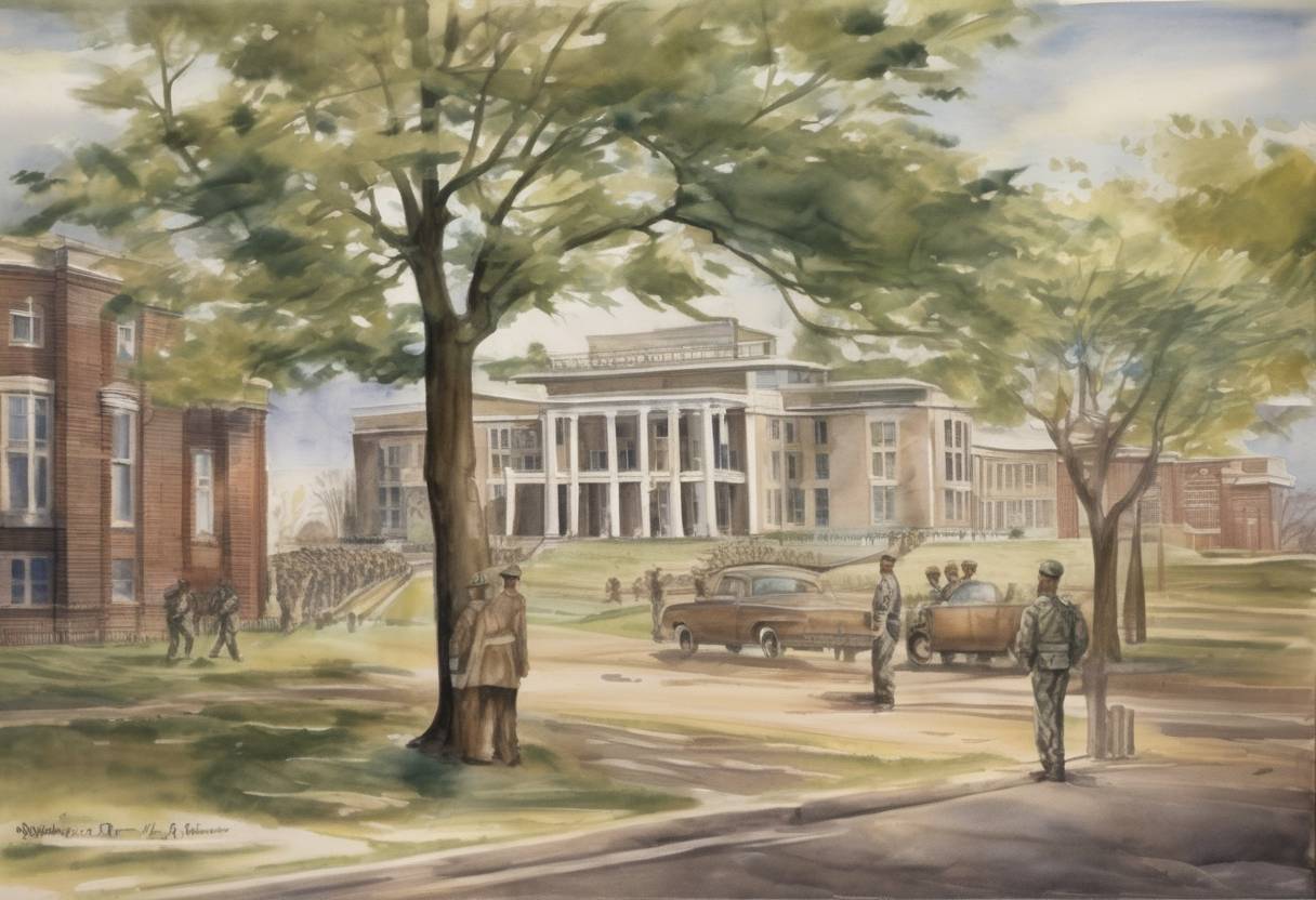 Watercolor painting based depiction of U.S. President Dwight D. Eisenhower sent federal troops to Little Rock, Arkansas, to enforce school desegregation at Central High School. (1957)