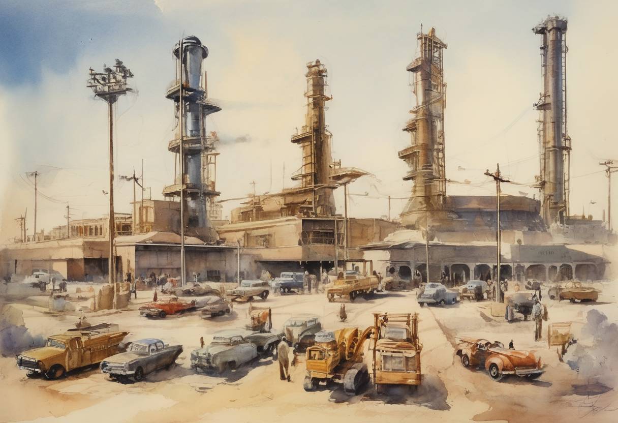 Watercolor painting based depiction of The Organization of the Petroleum Exporting Countries (OPEC) is founded at the Baghdad Conference by Iran, Iraq, Kuwait, Saudi Arabia, and Venezuela. (1960)