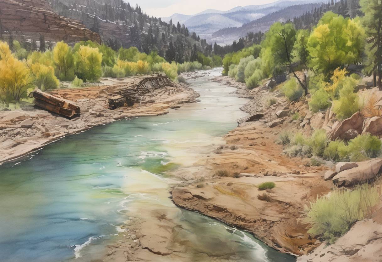 Watercolor painting based depiction of The Environmental Protection Agency accidentally released three million gallons of toxic waste into the Animas River in Colorado, causing significant environmental damage. (2015)