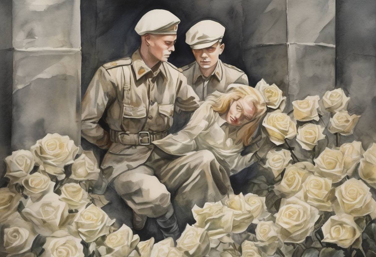 Watercolor painting based depiction of Members of the White Rose, a non-violent resistance group in Nazi Germany, were executed by the Nazis for distributing anti-war leaflets. (1943)