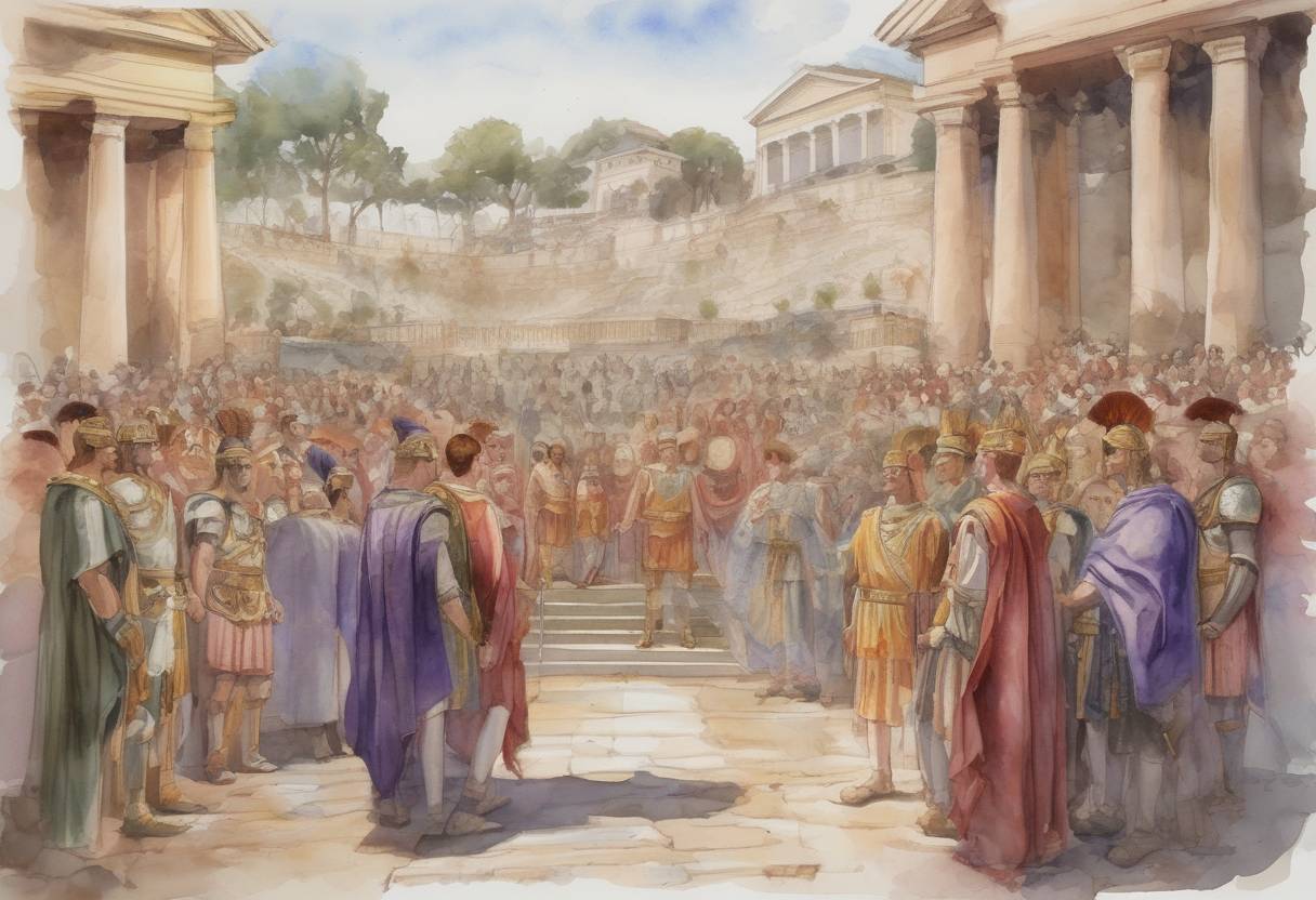 Watercolor painting based depiction of The Roman general Gnaeus Domitius Corbulo is appointed governor of the province of Asia, a significant administrative region of the Roman Empire. (60)
