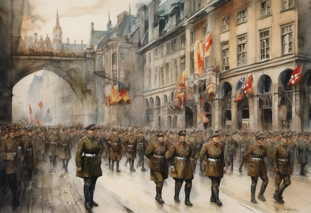 Watercolor painting based depiction of Adolf Hitler and the Nazi Party attempted a coup known as the Beer Hall Putsch in Munich, Germany, which was a failed effort to overthrow the Weimar Republic. (1923)