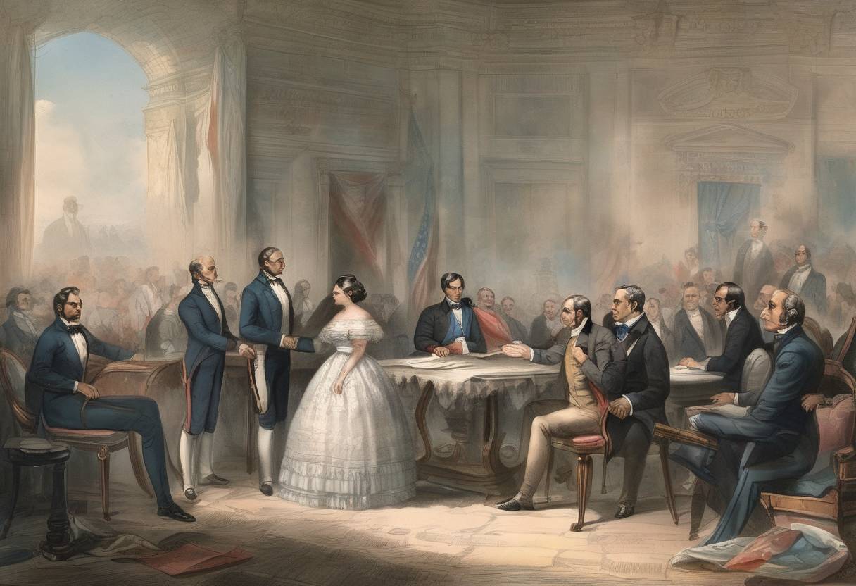 Watercolor painting based depiction of The Treaty of Guadalupe Hidalgo is ratified by the United States Senate, ending the Mexican-American War. (1848)