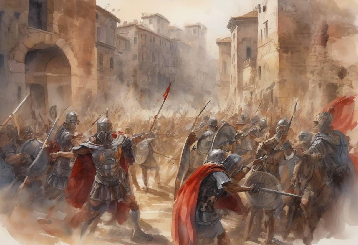 Watercolor painting based depiction of The Vandals, led by King Gaiseric, captured and plundered the city of Rome. This was part of the Vandalic War and further contributed to the weakening of the Western Roman Empire. (455)
