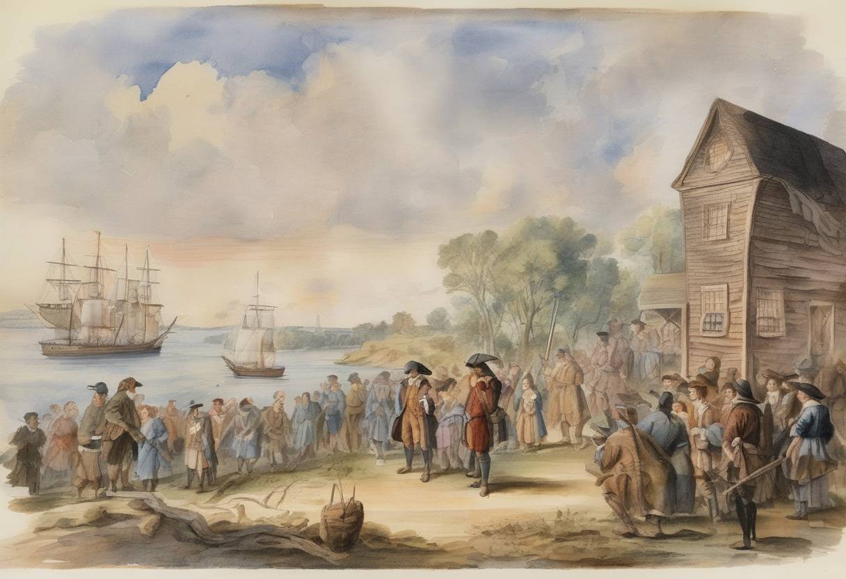 Watercolor painting based depiction of Roger Williams was banished from the Massachusetts Bay Colony for his religious views, leading to the founding of Rhode Island. (1635)