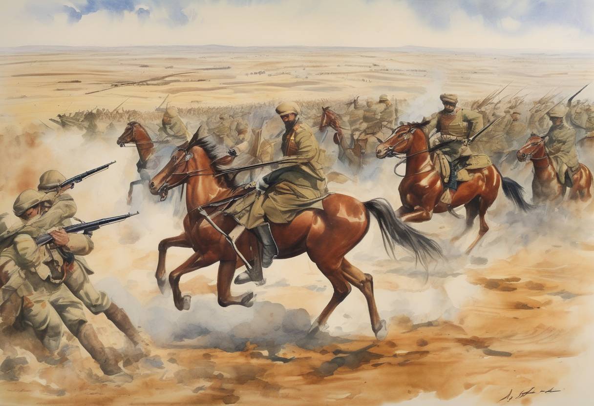 Watercolor painting based depiction of The Battle of Beersheba took place during World War I, where the British Empire forces, including the Australian Light Horse, captured Beersheba from the Ottoman Empire, marking a significant victory in the Sinai and Palestine Campaign. (1917)