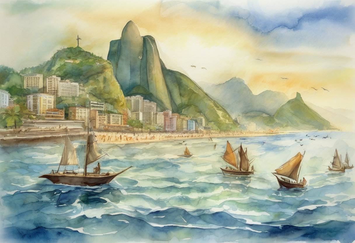 Watercolor painting based depiction of The first World Oceans Day was celebrated, following the 1992 Earth Summit in Rio de Janeiro. (1992)
