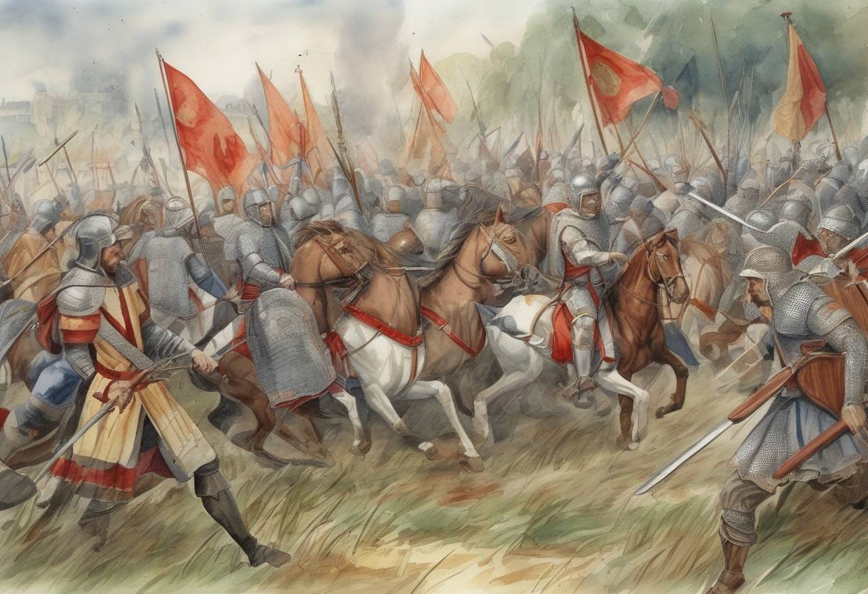 Watercolor painting based depiction of The Battle of Fontenay occurred, a significant conflict in the Carolingian Civil War. (841)