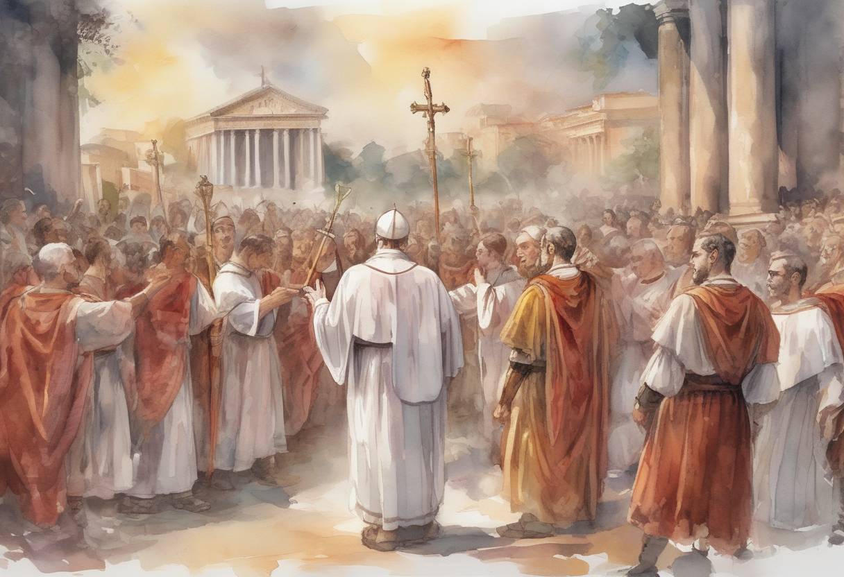 Watercolor painting based depiction of Pope Fabian, the Bishop of Rome, is martyred during the persecution of Christians under Emperor Decius. (250)