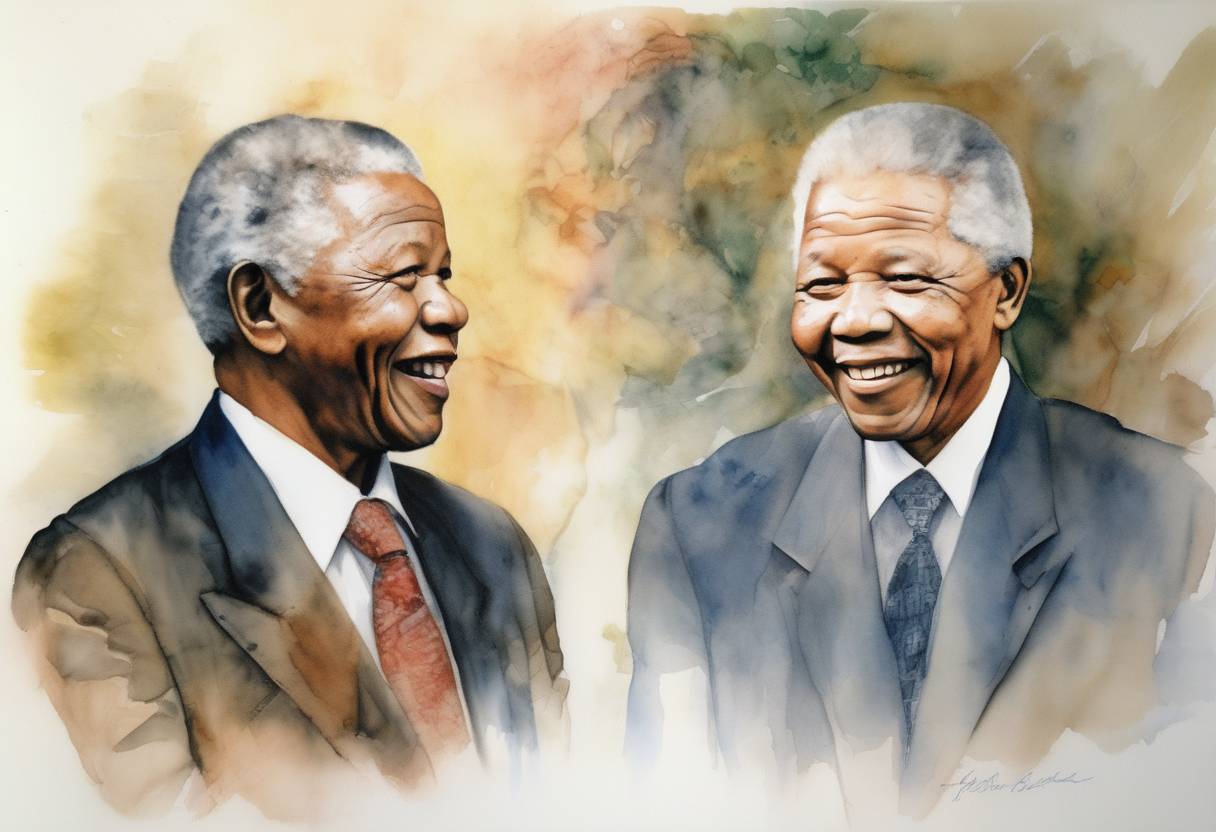 Watercolor painting based depiction of Nelson Mandela and F.W. de Klerk were awarded the Nobel Peace Prize for their efforts to peacefully end apartheid and establish a new democratic South Africa. (1993)