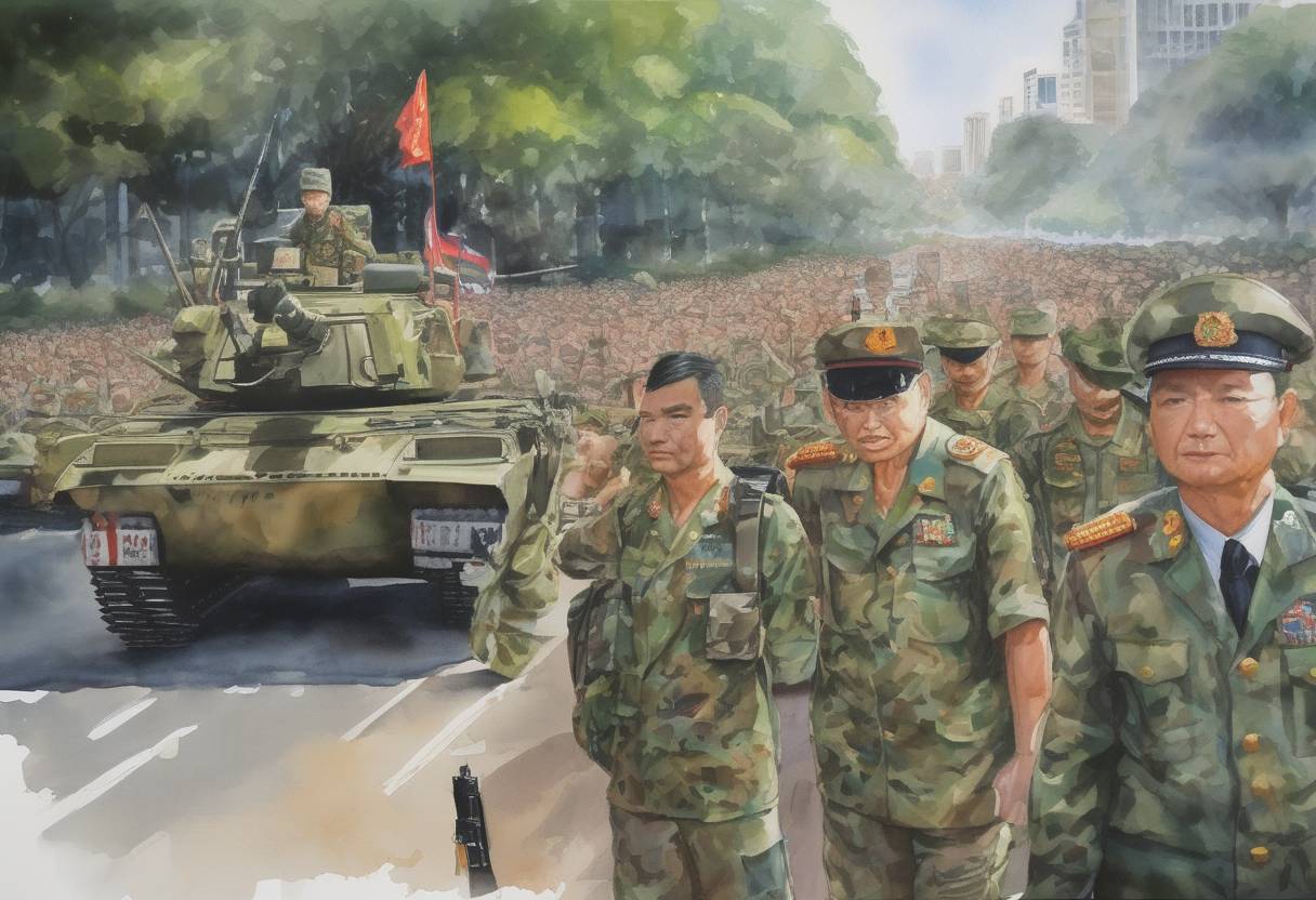 Watercolor painting based depiction of The Royal Thai Army staged a coup d'état against the government of Prime Minister Thaksin Shinawatra while he was at the United Nations in New York City, leading to the establishment of a military junta. (2006)