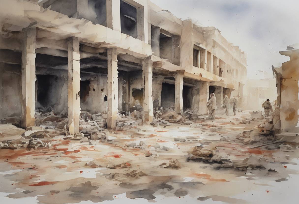 Watercolor painting based depiction of A U.S. airstrike mistakenly hit a Médecins Sans Frontières (Doctors Without Borders) hospital in Kunduz, Afghanistan, killing 42 people and sparking international condemnation. (2015)