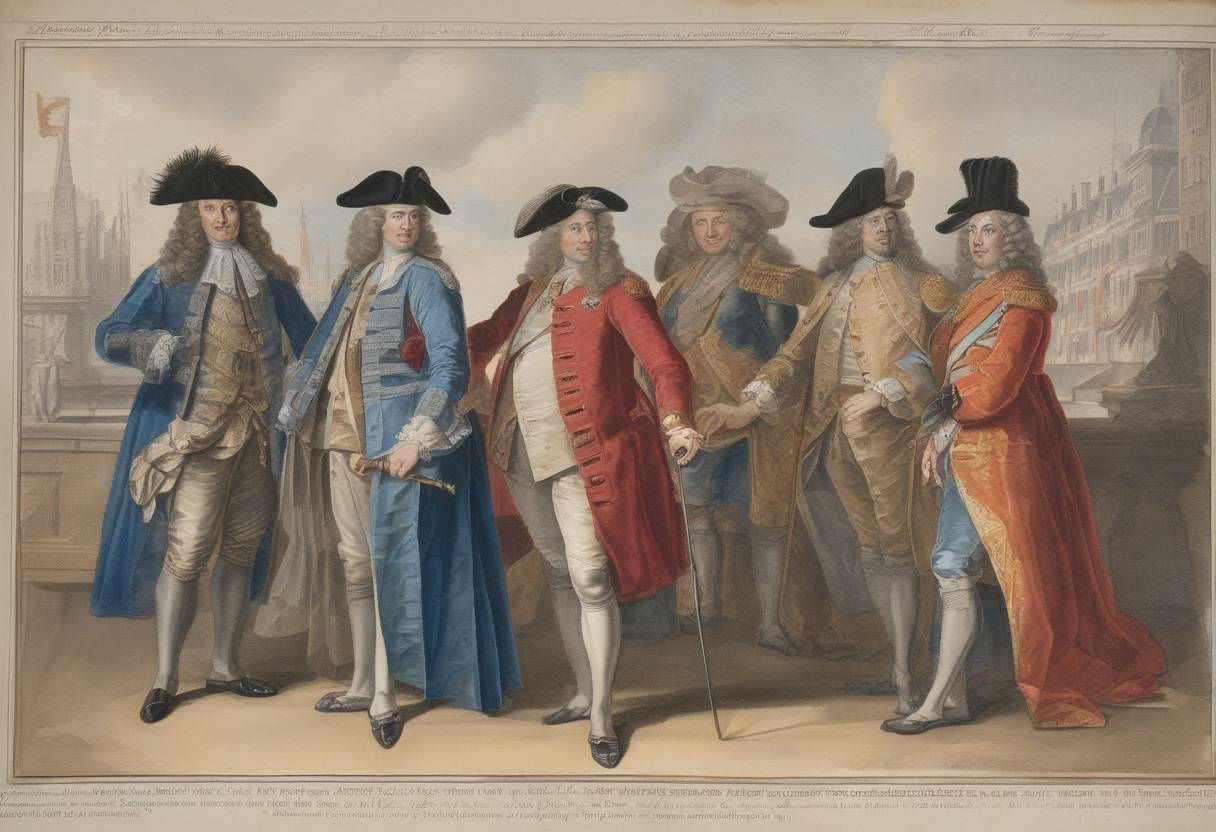 Watercolor painting based depiction of The Netherlands, Great Britain, and France signed the Triple Alliance to counter the power of Spain. (1717)