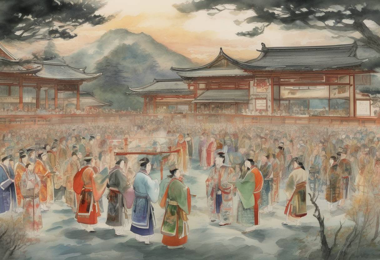 Watercolor painting based depiction of Emperor Tenmu of Japan decrees the establishment of the first official calendar in Japan, based on the Chinese lunisolar calendar. (673)
