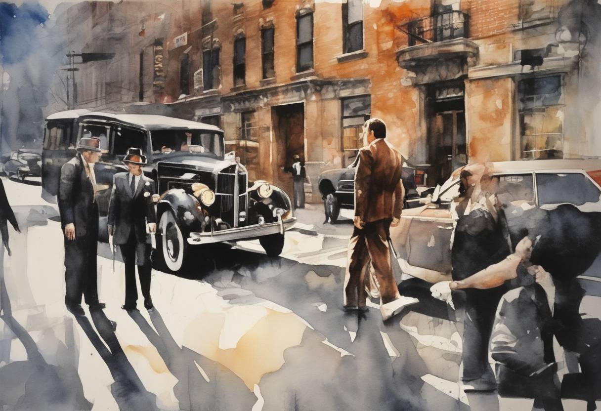 Watercolor painting based depiction of The film 'The Godfather' premiered in New York City, becoming a major cultural phenomenon. (1972)