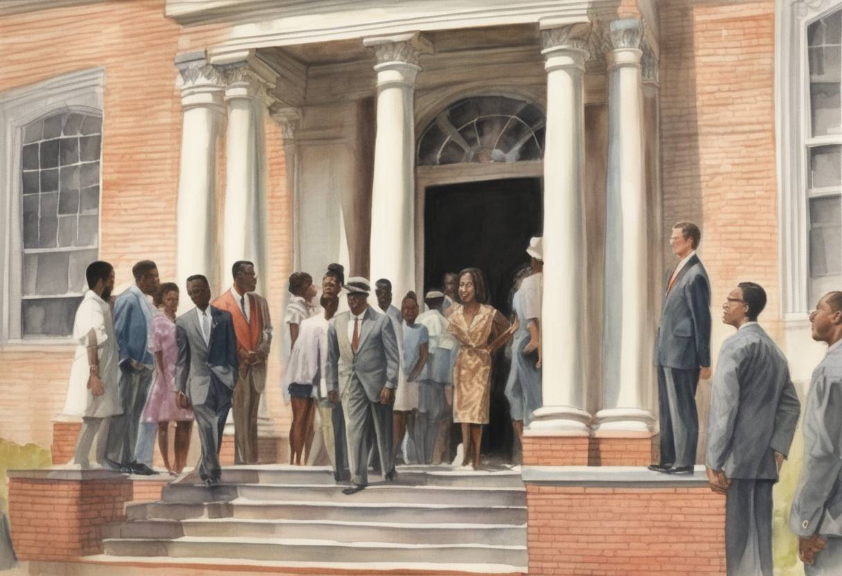 Watercolor painting based depiction of Alabama Governor George Wallace stood in the doorway of the University of Alabama to block the enrollment of African American students, an event known as the 'Stand in the Schoolhouse Door.' (1963)
