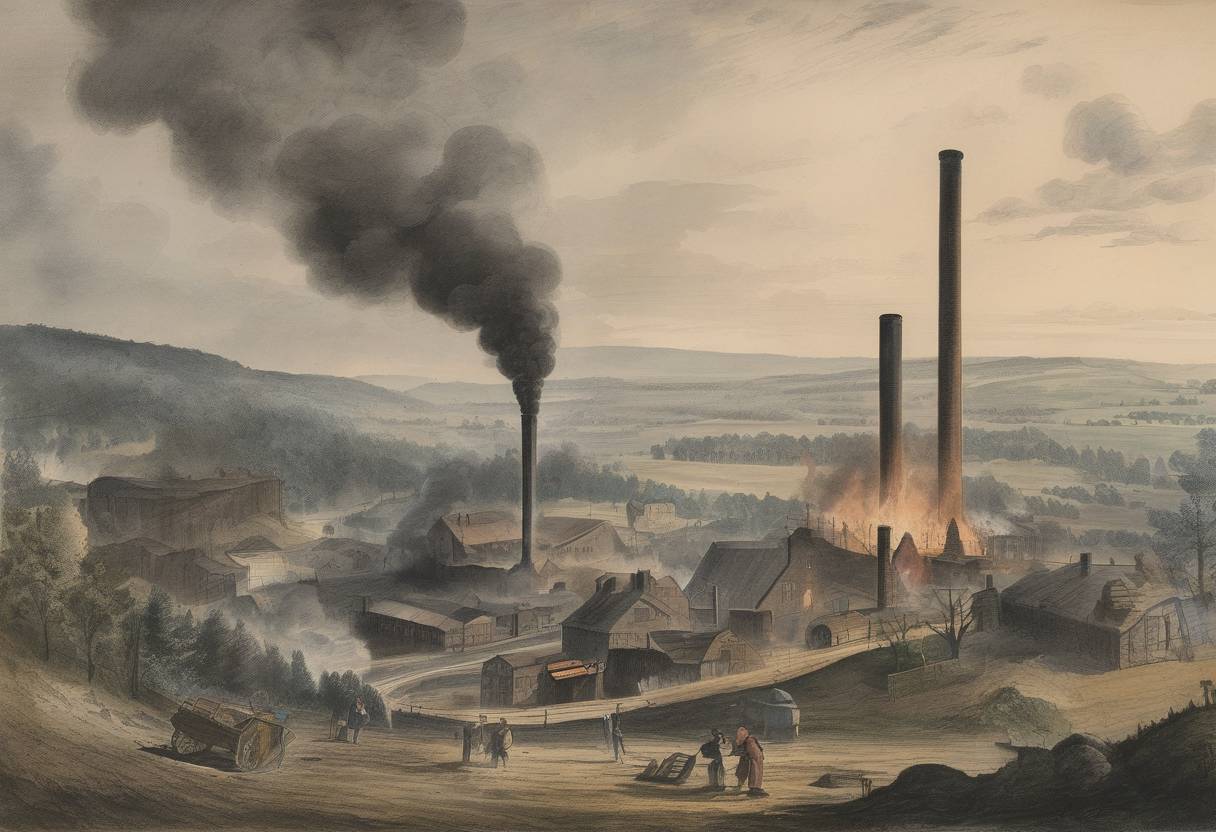 Watercolor painting based depiction of Anthracite coal is first burned as fuel, by Jesse Fell, in an experiment in Wilkes-Barre, Pennsylvania, demonstrating its potential as a heating source. (1808)