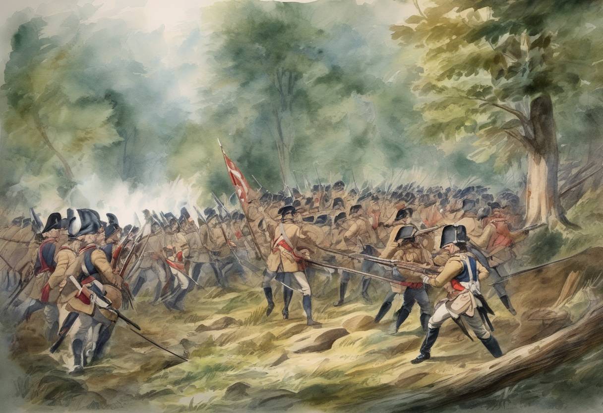 Watercolor painting based depiction of The Battle of Jumonville Glen occurs, marking the beginning of the French and Indian War. It was a skirmish between British colonial forces led by George Washington and French troops. (1754)