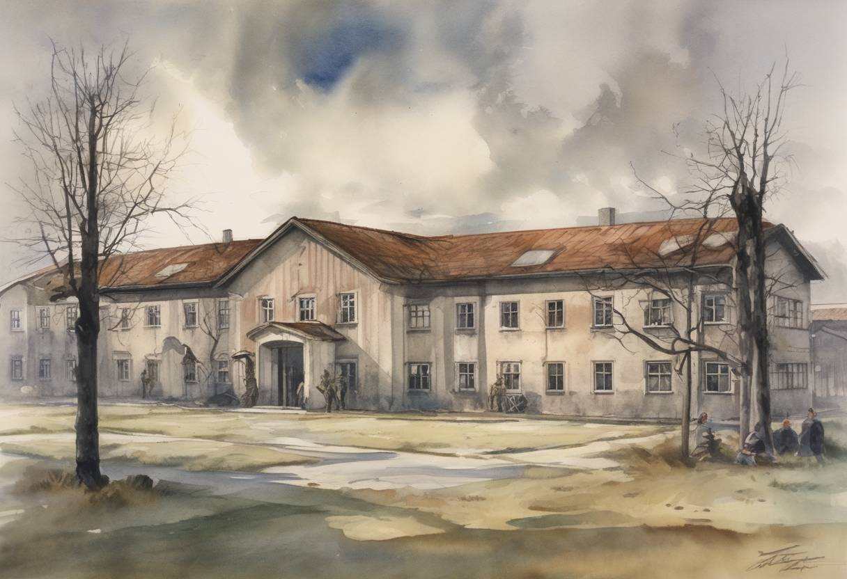 Watercolor painting based depiction of Dachau concentration camp is liberated by United States troops. (1945)