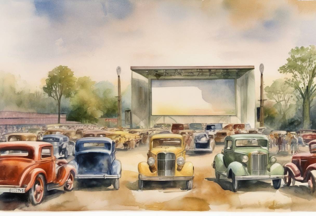 Watercolor painting based depiction of The first drive-in theater opened in Camden, New Jersey, USA. (1933)