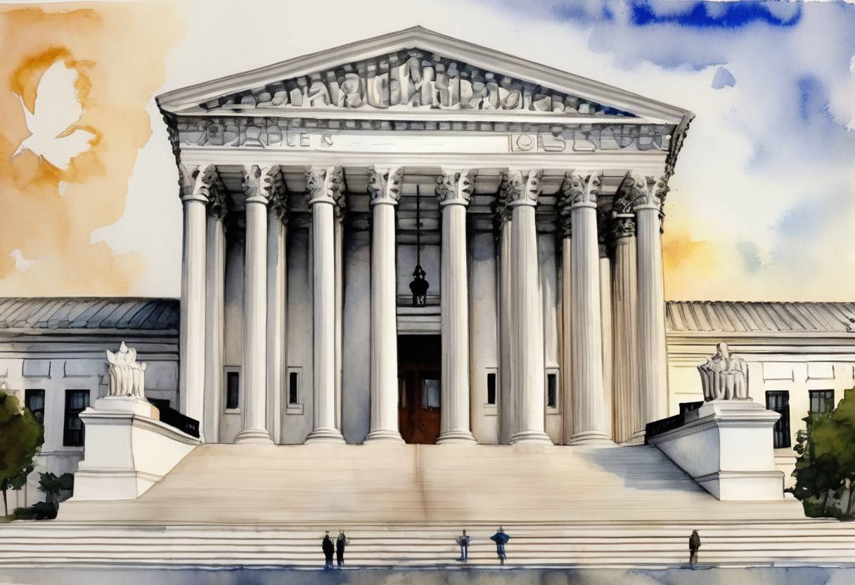 Watercolor painting based depiction of The United States Supreme Court ruled in Apple Inc. v. Pepper that iPhone users could sue Apple for monopolizing the market for iPhone apps. (2019)