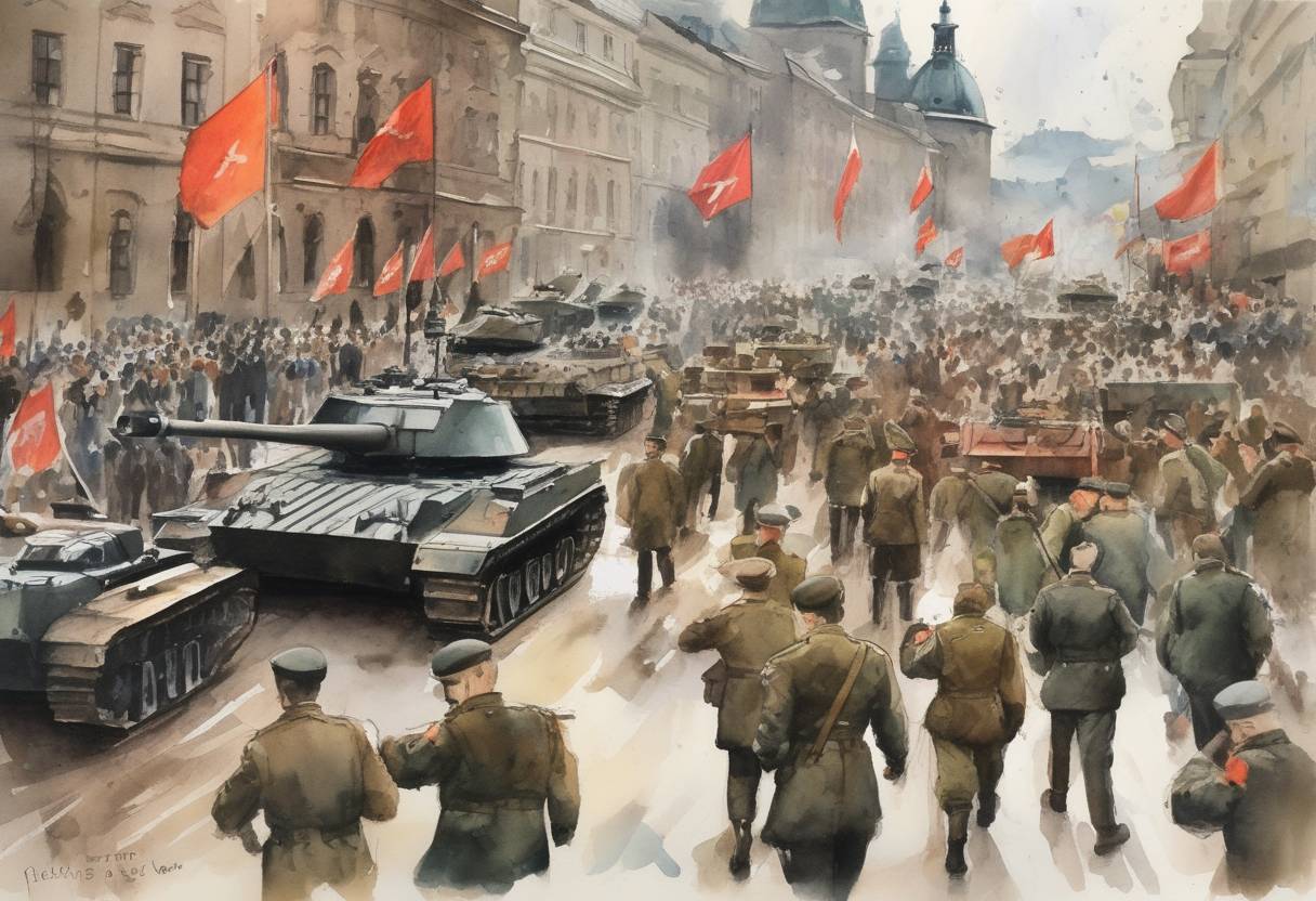 Watercolor painting based depiction of The Soviet Union and other Warsaw Pact nations invade Czechoslovakia to suppress the Prague Spring. (1968)