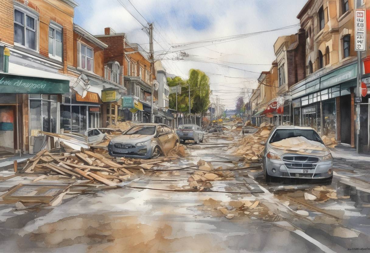 Watercolor painting based depiction of A devastating earthquake struck Christchurch, New Zealand, causing widespread destruction and loss of life. The 6.3 magnitude quake resulted in 185 deaths and significant damage to the city's infrastructure. (2011)
