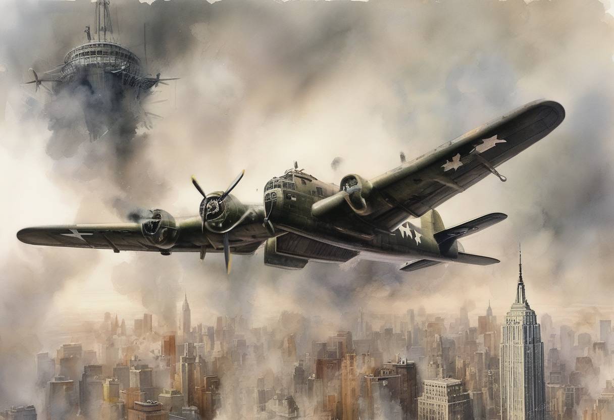 Watercolor painting based depiction of A B-25 bomber crashed into the 79th floor of the Empire State Building in New York City due to fog, killing 14 people. (1945)