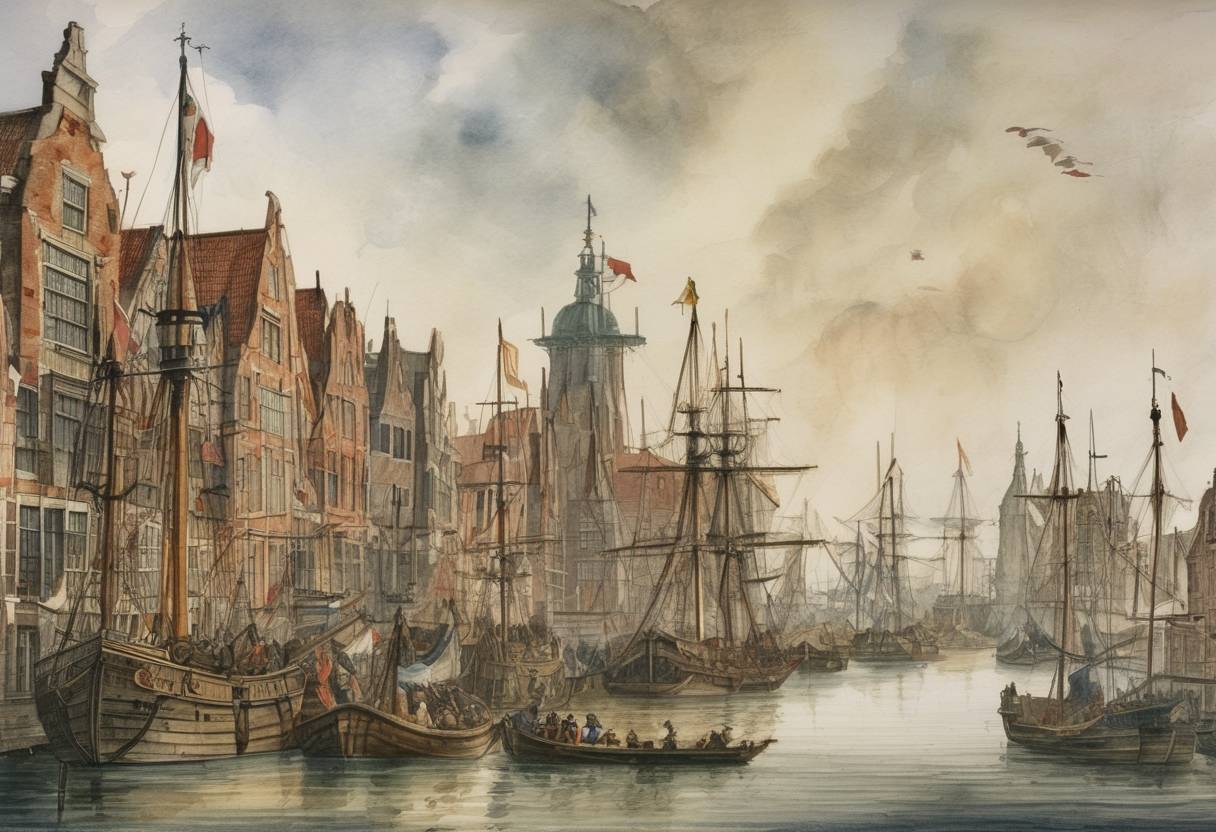 Watercolor painting based depiction of The Netherlands declared independence from Spain, starting the Eighty Years' War. (1568)