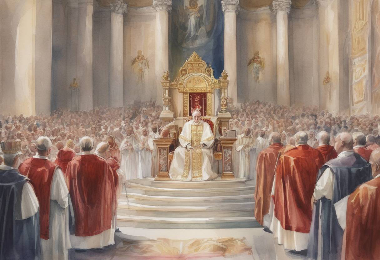 Watercolor painting based depiction of Pope Nicholas I is elected as the 105th pope of the Catholic Church. (858)