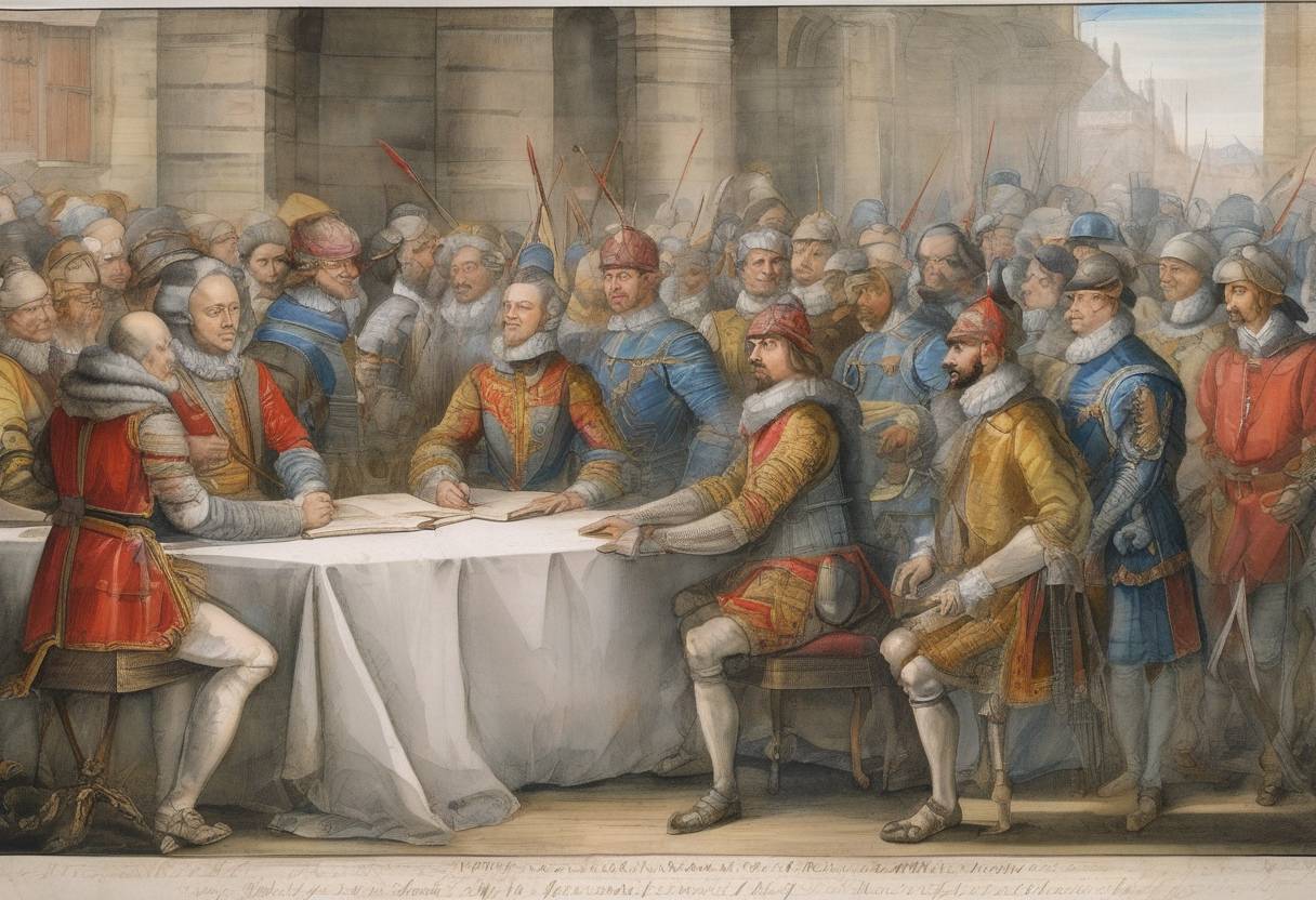 Watercolor painting based depiction of The Treaty of Lyon is signed, ending the Franco-Savoyard War and resulting in territorial exchanges between France and the Duchy of Savoy. (1601)