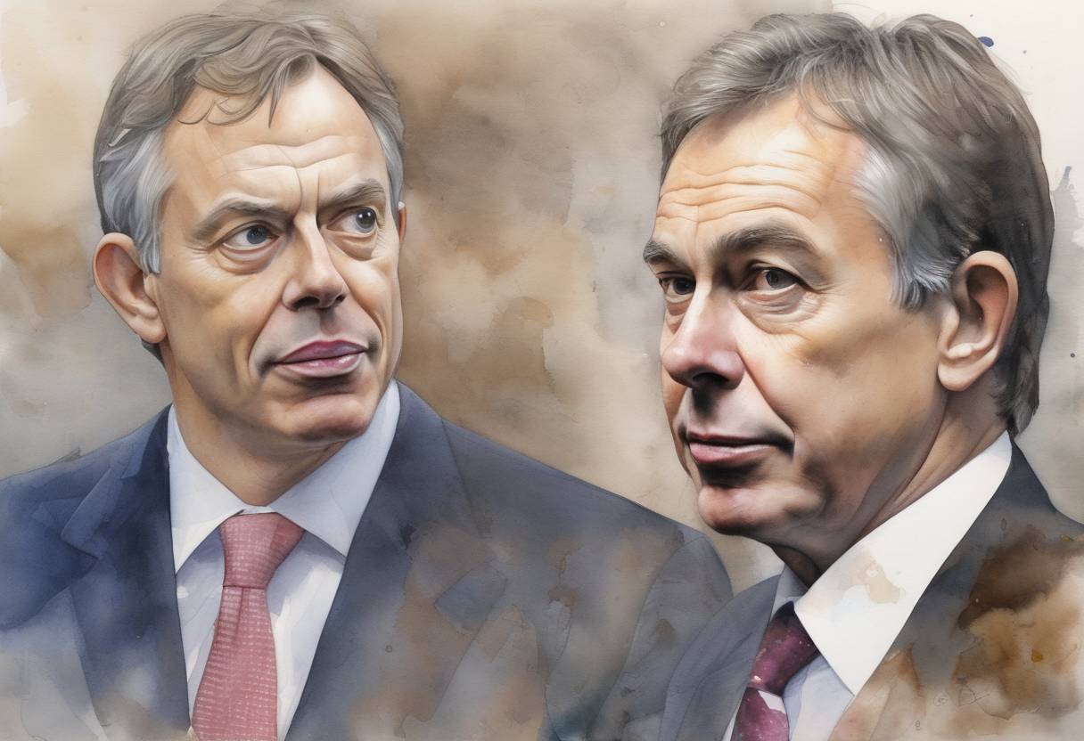 Watercolor painting based depiction of Tony Blair resigns as Prime Minister of the United Kingdom after serving for a decade, and Gordon Brown succeeds him. (2007)