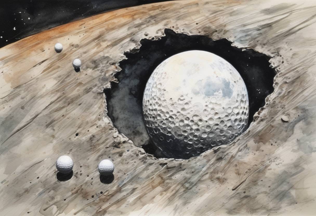 Watercolor painting based depiction of Alan Shepard became the first American to hit a golf ball on the Moon during the Apollo 14 mission. (1971)