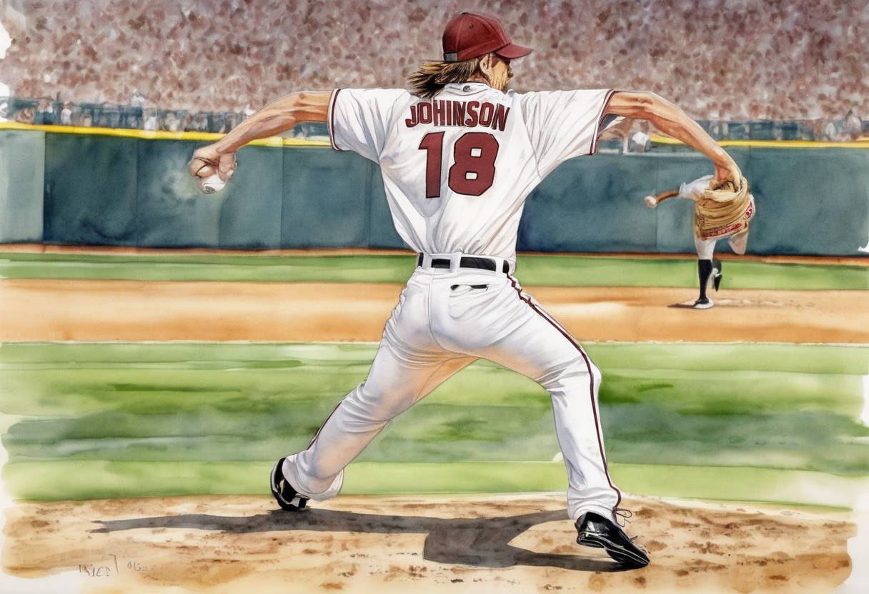 Watercolor painting based depiction of Randy Johnson of the Arizona Diamondbacks pitches a perfect game against the Atlanta Braves, becoming the oldest pitcher in Major League Baseball history to achieve this feat at the age of 40. (2004)