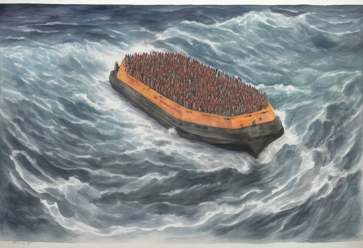 Watercolor painting based depiction of A boat carrying over 200 asylum seekers capsizes north of Christmas Island, Australia, leading to a major rescue operation. (2012)