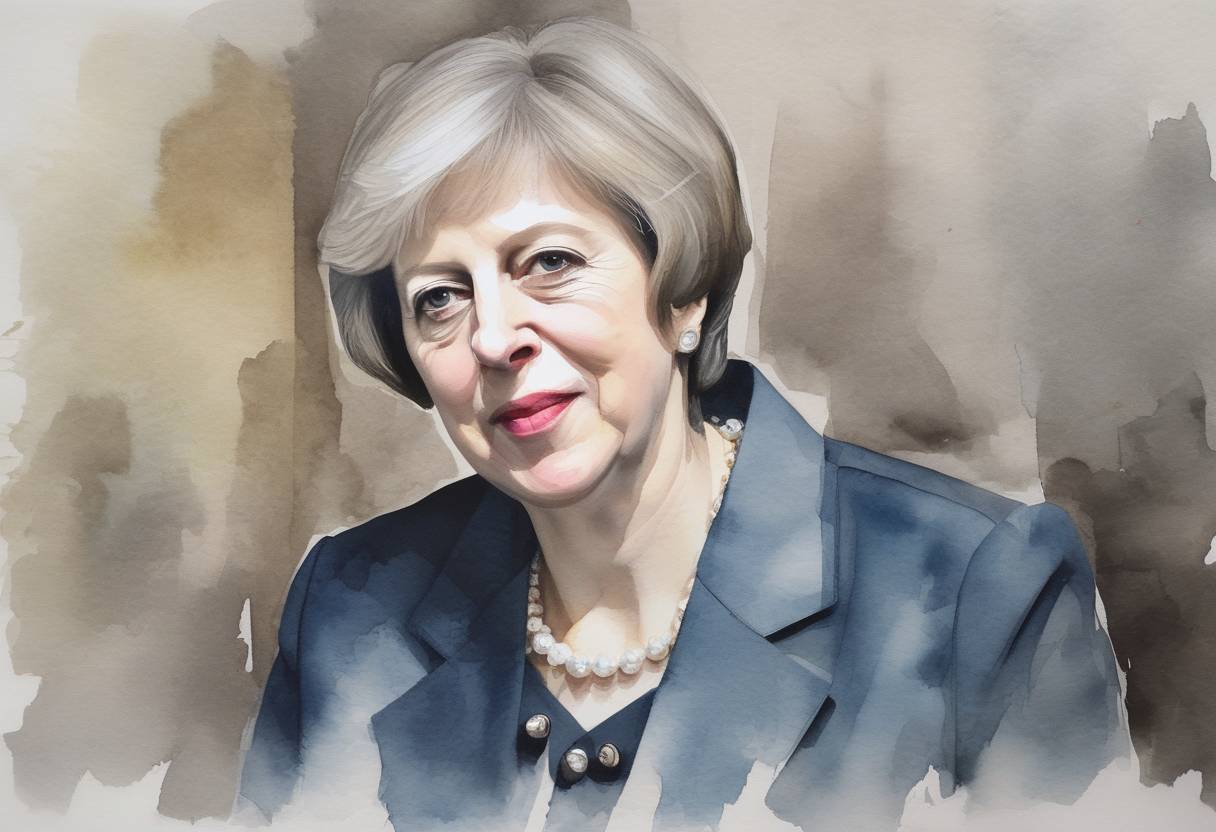 Watercolor painting based depiction of Theresa May became the Prime Minister of the United Kingdom, succeeding David Cameron following the Brexit referendum. (2016)
