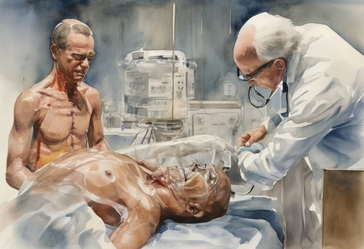 Watercolor painting based depiction of Dr. James Bedford becomes the first person to be cryonically preserved with intent of future resuscitation. (1967)